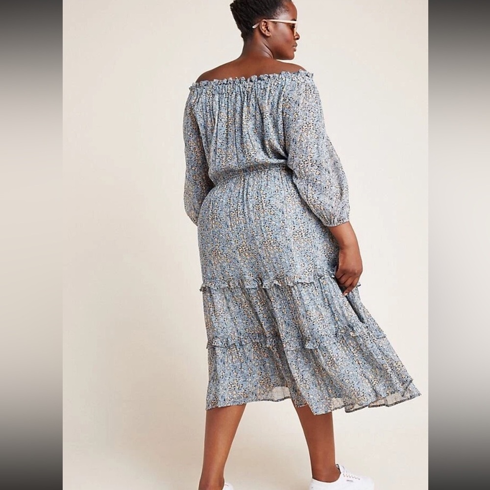 By Anthropologie Blue Kira Off-The-Shoulder Adjustable TieWaist Peasant Dress 14 - Picture 4 of 16